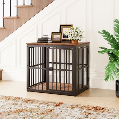 Cage pour chien meuble 68,4x53x61 cm 3 portes empilable et modulable table d’appoint fer et bois brun noir (1/5)