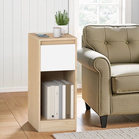 Table de Chevet Étroit avec Ports USB et Tiroir, Table de Nuit avec Éclairage LED, pour Salon, Chambre, Chêne et Blanc