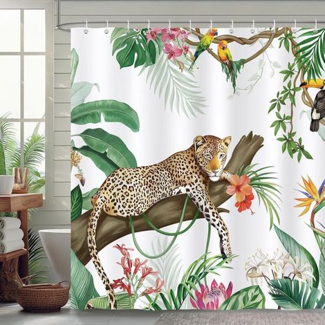 Bardusch-Rideau de douche léopard tropical 180x180 cm, feuilles de palmier, polyester anti-moisissure avec 12 crochets (1/5)