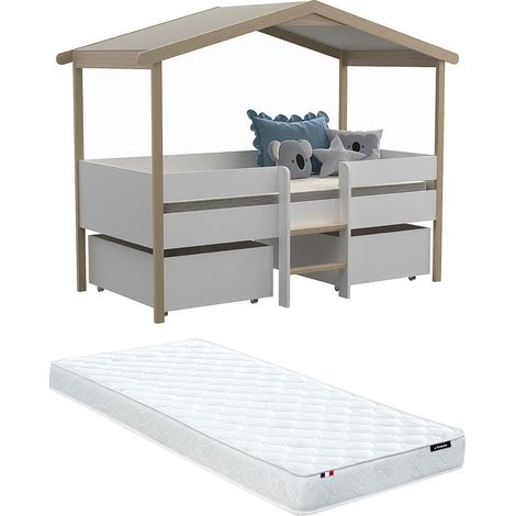 Letto a capanna con cassetti + Materasso 90 x 190 cm Tiglio Bianco e Rovere - SAROSI