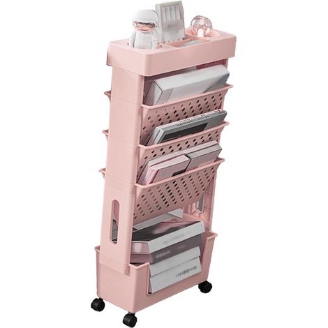 Étagère mobile polyvalente grande capacité multi-niveaux avec 4 roulettes pivotantes, bibliothèque d'appoint pour bureau, école et maison, rose. (1/5)