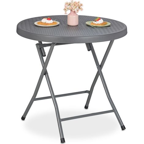 Relaxdays Tavolino da Giardino Pieghevole, HxD: 74 x 80 cm, Aspetto Rattan, Tavolo Rotondo in Plastica e Acciaio, Grigio