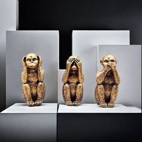 Lot de 3 Statues Singe, Résine, Bronze Argent, Décoration Intérieur, Bureau, Cadeau