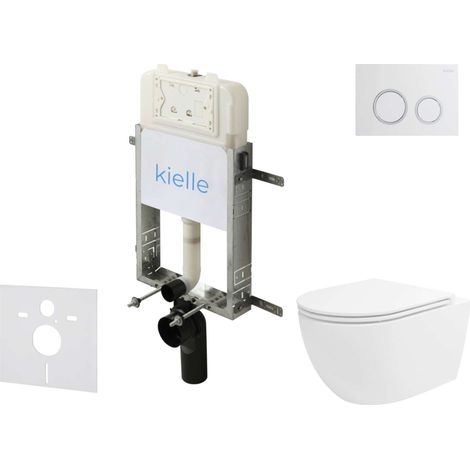 kielle Genesis New - Conjunto de instalación empotrada, inodoro Oudee, Vortex Rimless+, asiento softclose y pulsador Gemini New II, blanco brillante/cromo 30528SZ31
