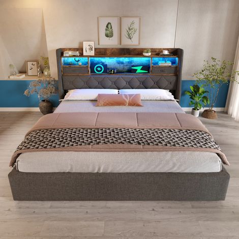 Letto imbottito 180x200 cm grigio in lino con testiera LED, ricarica USB/Type-C e contenitore idraulico (1/5)