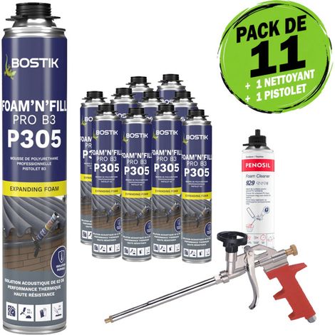 Pack 11 Mousses PU BOSTIK P305 FOAM'N'FILL PRO B3 Pistolable 750 ml + 1 Pistolet + 1 Nettoyant (1/4)
