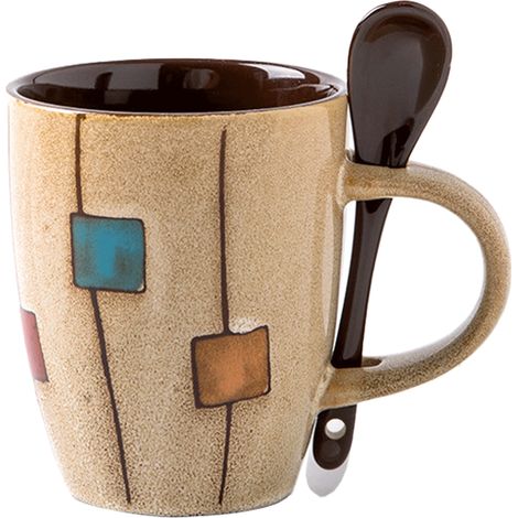 Tasse À Café - 350 Ml - Céramique Rétro Avec Cuillère Intégrée À L'anse - Micro-Ondes Et Lave-Vaisselle - Lot De 4