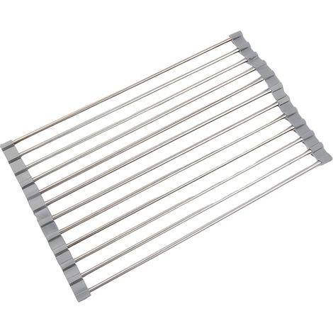 Égouttoir télescopique à Enrouler en Acier Inoxydable,Égouttoir à Vaisselle Cuisine au-Dessus de l'évier -Polyvalent-Gris (1/5)