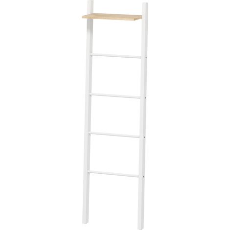 Porte-serviettes échelle avec étagère supérieure et 4 barres, fixation murale, 43 x 20 x 151 cm, blanc et chêne (1/5)