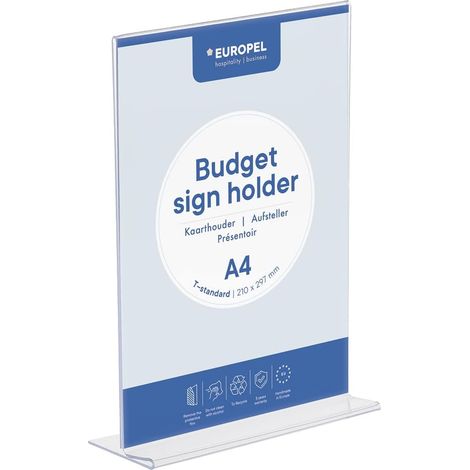 Preisgünstiger Tischaufsteller, T-Fuß, A4-Hochformat, 1,5 mm starkes, transparentes Polystyrol, Schilderhalter, für Restaurants, Hotels, Konferenzen, Empfänge, freistehend und doppelseitig, transparen (1/4)