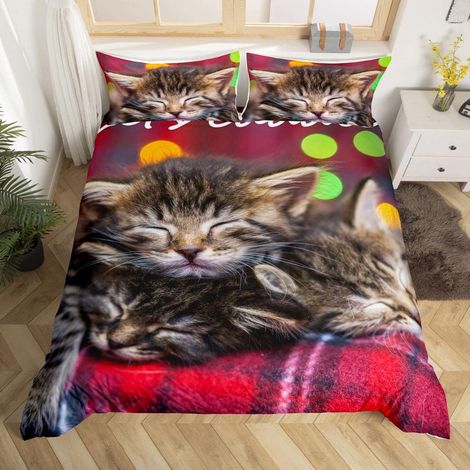 Chat Parure de Lit 140x200cm Animaux Chats Parure de Lit Mignon Chaton Fourrure Parure Housse de Couette 3D Animaux Rouge Géométrie Plaid Polka Dots Chambre Décor 2 pièces - 140 x 200 cm (1/5)