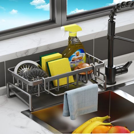 Support de rangement en aluminium, support de rangement pour évier de cuisine, égouttoir, évier de salle de bain, évier, support à eau, gris (1/5)