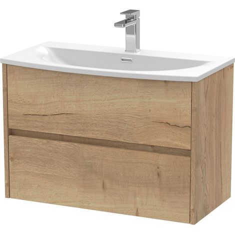Chartley Contemporary 2 Drawer Wall Hung Vanity Unit with Curved Basin, Autumn Oak, 800mm