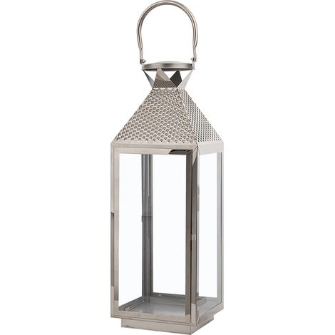 Farolillo de metal plateado 55 cm acero inoxidable portavelas columna industrial moderno Bali