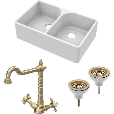 Fireclay Kitchen Bundle - 2 Bowl Full Weir Butler Sink No Overflow w/ Wastes & Classic Tap, 795mm, Brushed Brass