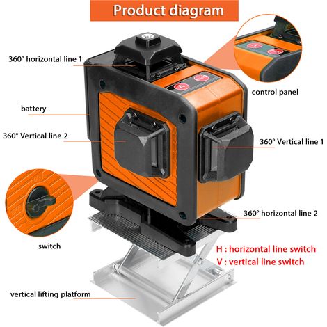 Niveau laser multifonctionnel à 16 lignes avec fonction d'auto-nivellement à 3°, outil de nivellement omnidirectionnel, ligne adhésive pour sol et mur, trépied réglable en hauteur jusqu'à 1,5 m.