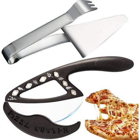 Coupe Pizza en Acier Inoxydabl avec Poignéee, Cutter Pizza Set incl. 1 Découpe Pizza et 1 Pelle Pizza, Couteau Pizza avec Couvre, Roulette Pizza pour Crêpe/Gaufre, Lavable Vaisselle (1/5)