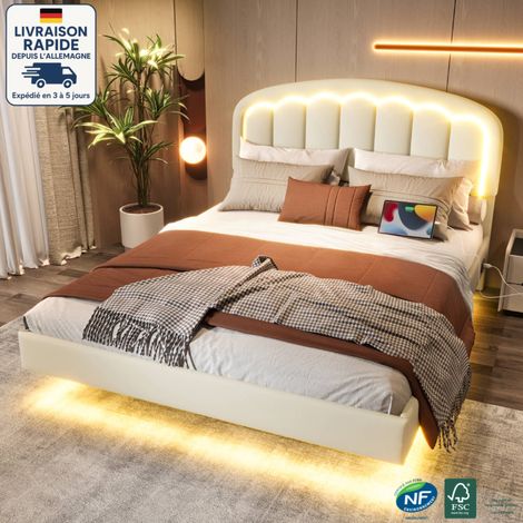 Lit double 140x200cm LED, simili cuir, sans matelas, lit adulte, blanc, (1/5)