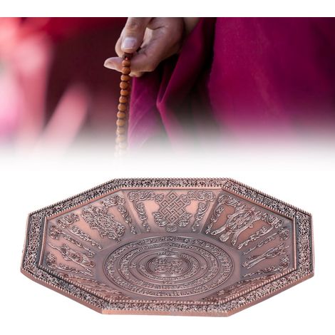 Achteckiger Aschenbecher aus einer Legierung, 12,6 cm, mit heiligen buddhistischen Schriften, 8 Glückssymbolen, rotem Tempelopfer, 120 g (1/5)