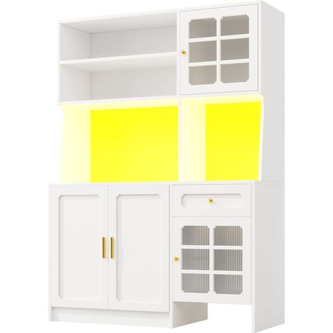 CAIziArmoire cuisine 130×45×180cm, portes vitrées, éclairage LED, blanc