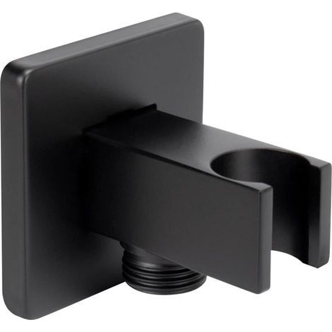 Wall-mounted supply elbow with hand shower holder - Solid brass square shower holder with G1/2 flanged shower hose connection, wall-mounted male water outlet (matte black) (1/5)