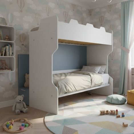 Letto a castello con scala contenitore e terzo letto estraibile - Cameretta salvaspazio - Bianco e Avio