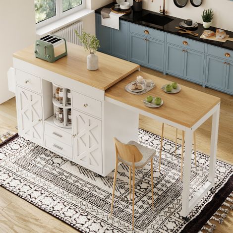 Îlot de cuisine avec dessus rétractable, organisateur pivotant à 360°, tablettes réglables, chariot de bar avec roulettes et porte-serviettes, parfait pour les petites maisons (1/5)