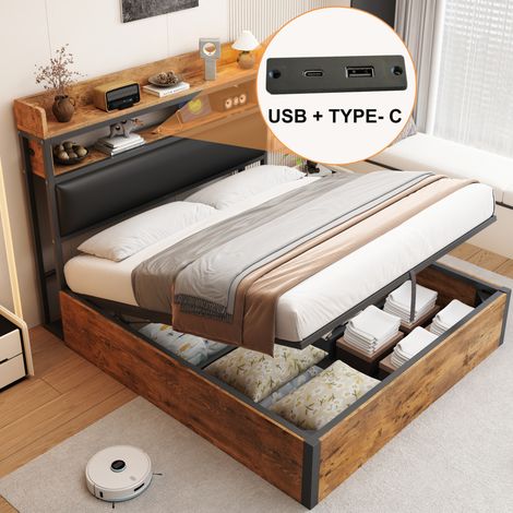Polsterbett 140/200 cm schwarz aus Metall, Holz und Stoff mit hydraulischem Stauraum und USB (1/5)