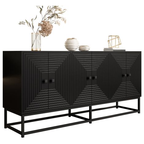 Buffet noir moderne à 3 portes doubles, grand espace de rangement et finition mate – pour une organisation pratique au quotidien. (1/5)