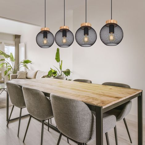 Etc-Shop – Lustre suspendu en métal noir et bois – 4 douilles E27 – Hauteur réglable jusqu'à 120 cm – Design cage moderne pour salle à manger (1/5)
