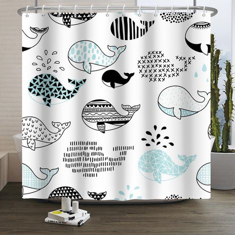 Drôles d'animaux Rideau de Douche Blanc Baleine caricaturale Rideau de Salle de Bain en Polyester Art Abstrait Rayures géométriques Océan Décoration de Salle de Bain 120x180cm (1/5)
