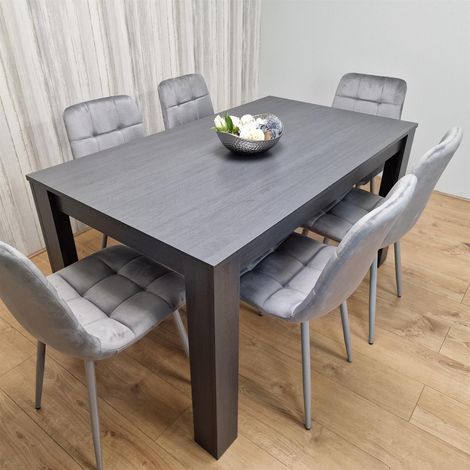 Dining Table and 6 Chairs  Black Dark Grey 6 Grey Velvet Chairs Wood Dining Set Furniture (1/5)