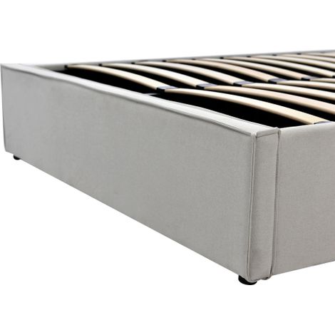 Lit double rembourré (140 x 200 cm) avec mécanisme de relevage hydraulique, sommier à lattes métalliques et coffre de rangement — design moderne, revêtement en coton, gris clair (matelas inclus) (1/5)