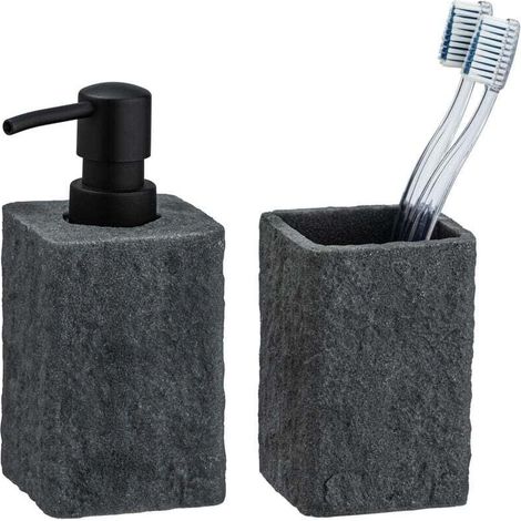 Villata Zahnbürstenbecher- und Spender-Set (300 ml), Badezimmeraccessoires, Polyresin, Becher: 7,5 x 11 x 7,5 cm, Spender: 7 x 15 x 7 cm, Grau