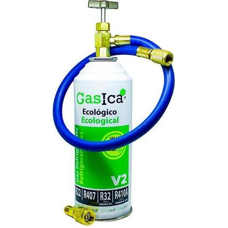 Pack Gas refrigerante ecológico GASICA V2 sustituto R22/R32/R407/R290 y R410A 226gr más manguera con llave (1/5)