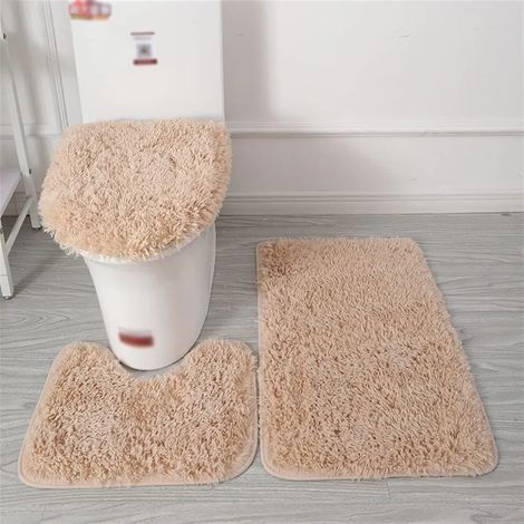 Lot de 3 tapis de bain Shaggy antidérapants, moelleux et doux, contour de WC en peluche, tapis de sol longue laine, couleur kaki, pour salle de bain et toilettes (1/2)