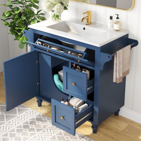 Waschtisch MDF Blau mit Keramikbecken, Massivholzbeinen und Stauraum, 99,5 x 45 x 86 cm