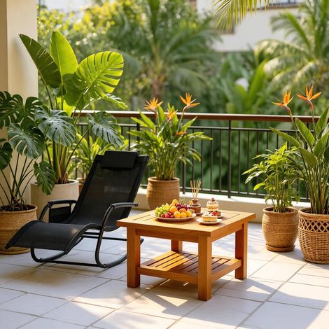 Garten-Schaukelstuhl aus Metall und Polyester in Schwarz, ergonomisch mit Kopfstütze und Seitentasche (1/4)