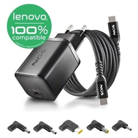 Cargador GaN de Portátil NGS BUD65W-L para Lenovo/ 1xUSB Tipo-C/ 65W/ Automático/ 5 Conectores/ Voltaje 5-20V