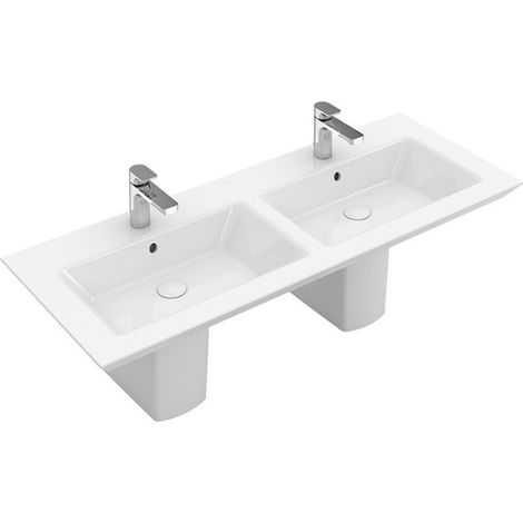 Legato, Tapas dobles, 1300 x 500 mm, Rectangular, para dos grifos de 3 orificios, orificios centrales perforados, sin rebosadero, Porcelánico sanitario, Blanco