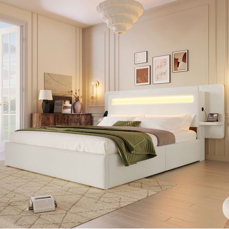 Cama con canapé 140x200 cm MDF y lino beige LED multicolor USB - CHICFURN (1/5)