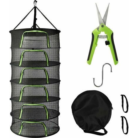Séchoir à herbes suspendu pliable – 6 étages, filet maille résistant, Ø60 cm, fermeture éclair verte, crochet + sécateur inclus (1/4)