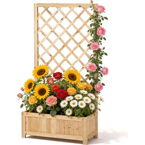 Jardinière surélevée avec treillis en bois, jardinière avec tuteur pour plantes grimpantes, parterre de jardin vertical pour fleurs, légumes et herbes, jardinière pour balcon, terrasse et jardin (1/5)