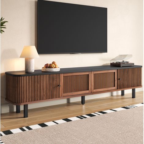 Mueble TV 190 x 35 x 45 cm con puertas correderas y puertas rejilla, color nogal DESVIAE (1/5)