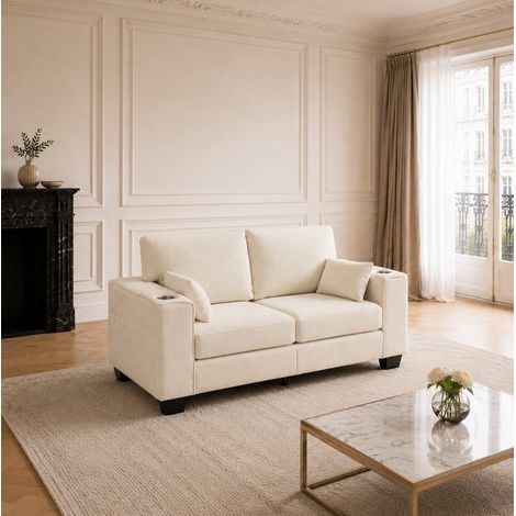 Divano 2 posti 72/182/96 cm beige in ciniglia con portabicchieri e tasche laterali (1/5)