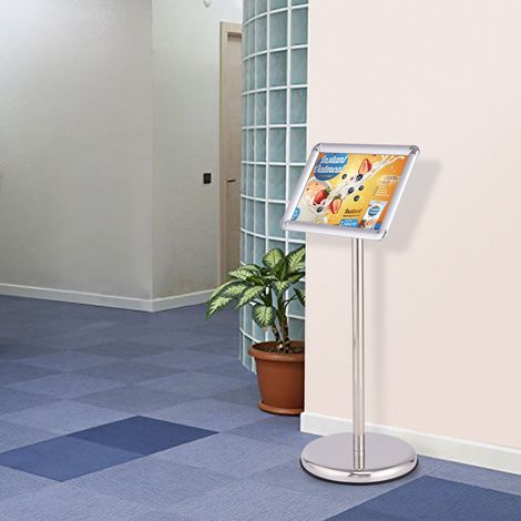 Porte-affiche A4 rotatif noir en aluminium avec support réglable, base ronde lestée et lentille anti-reflet pour magasin et bureau (1/5)