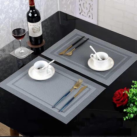 Ensemble de 6 sets de table et 6 sous-verres en PVC, antidérapants, lavables et résistants à la chaleur, pour la cuisine et la salle à manger (gris argenté). (1/4)