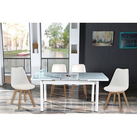 Tavolo da sala bianco allungabile in vetro temperato grigio 130-170cm con 4 sedie e cuscini Sicorage LEGRES