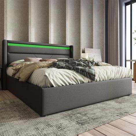 Lit coffre rembourré hydraulique 160x200 cm en PU gris avec LED et télécommande (1/5)