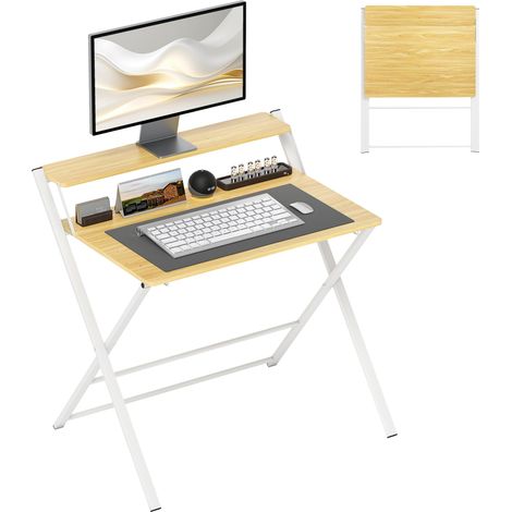 Escritorio plegable compacto para espacios pequeños, escritorio plegable para ordenador con estante de almacenamiento para oficina en casa, mesa de estudio/escritorio de 2 niveles, 86 x 66 x 82 cm, ef (1/5)